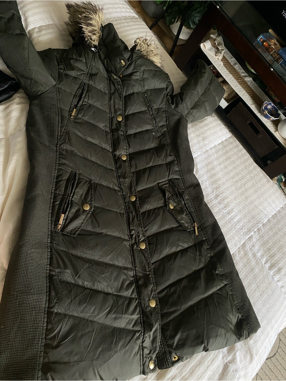 Michael Kors Down Filled Long Puffer Coat Faux Fur Hood Black Size L Excellent - Picture 10 of 10